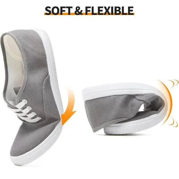 ⚡Women's Grey Classic Sneakers Low Top White Canvas Shoes Casual Lightweight